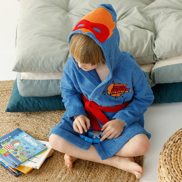 Peignoir de bain enfant super-héros à capuche éponge coton - 340g/m² (bleu dur)