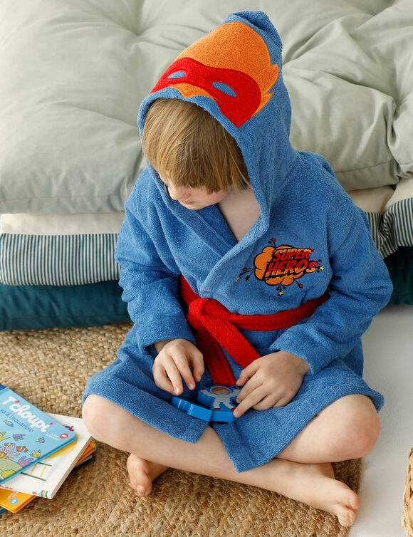 Badjas voor kinderen 'superheld', met kap, katoenen badstof - 340 g/m2 (felblauw)