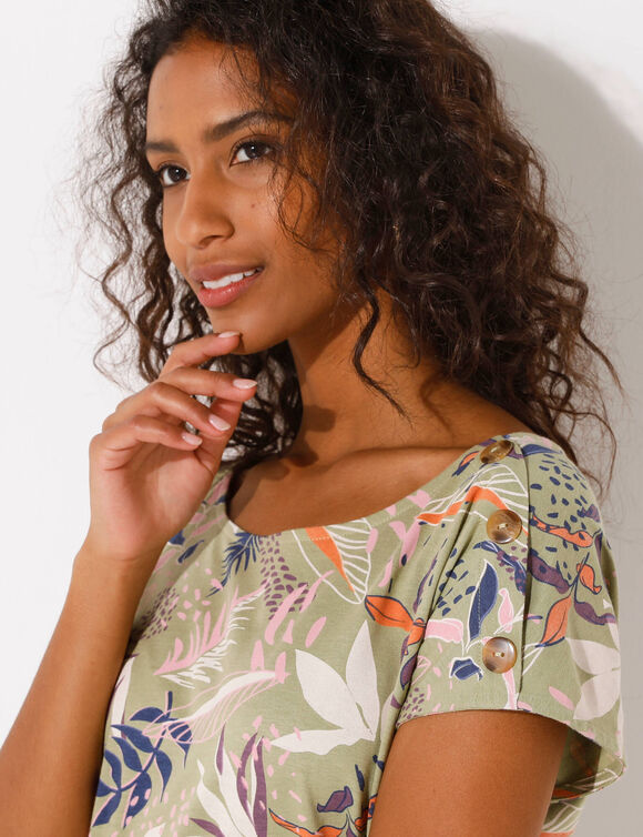 T-shirt col rond imprimé tropical (kaki / rose)