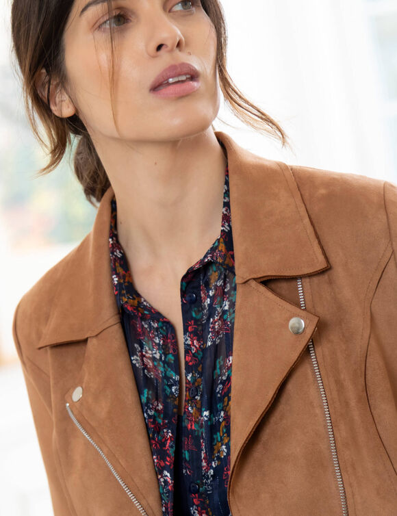 Blouson zippé col tailleur pressionné, suédine (caramel)