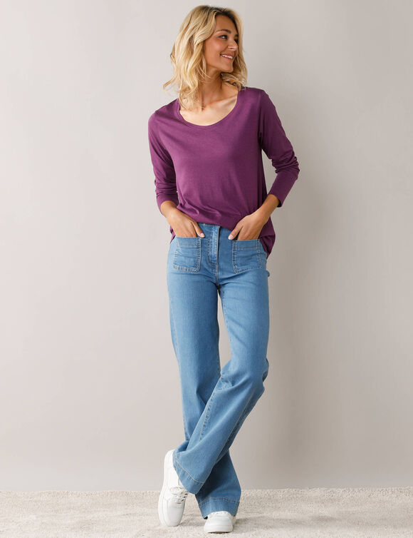 T-shirt col rond manches longues uni (violet)