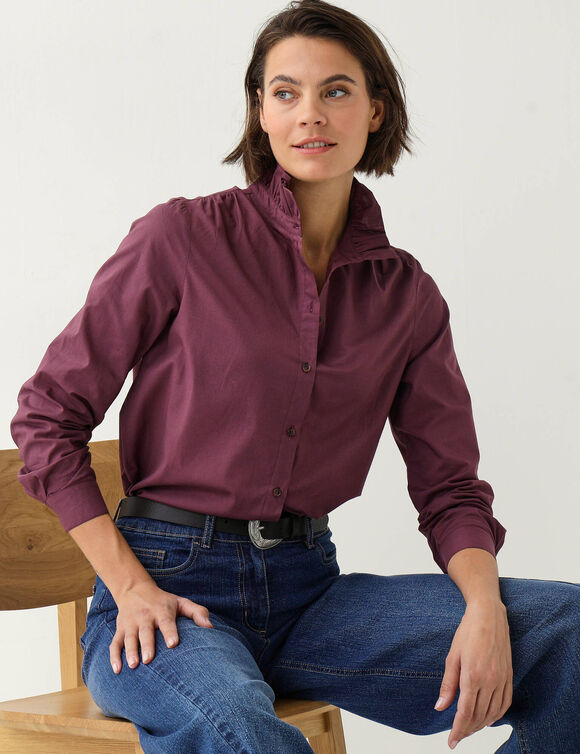 Effen blouse met hoge kraag met ruches (pruim)