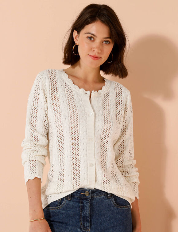 Gilet boutonn&eacute; col rond &agrave; &eacute;cailles, maille ajour&eacute;e (&eacute;cru)