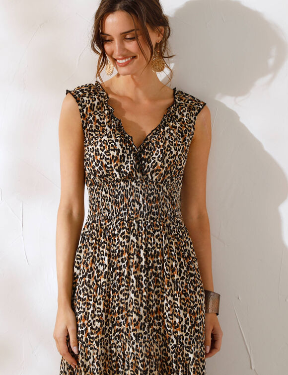 Robe longue imprimée, sans manches (taupe / noir)