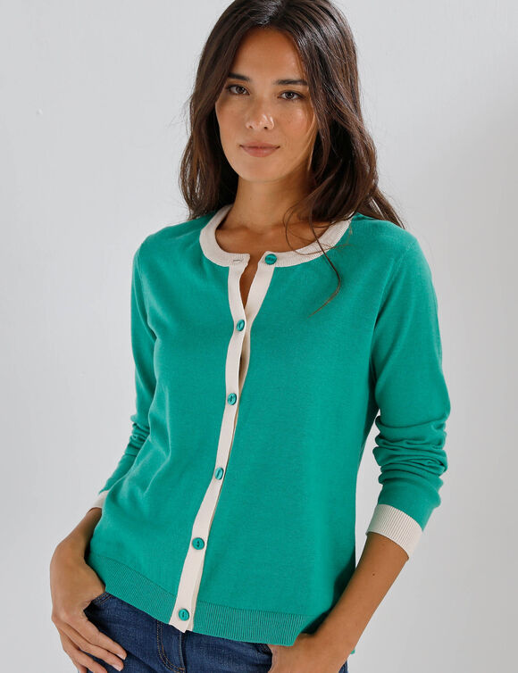 Gilet col rond bicolore, boutonn&eacute; (groen / ecru)
