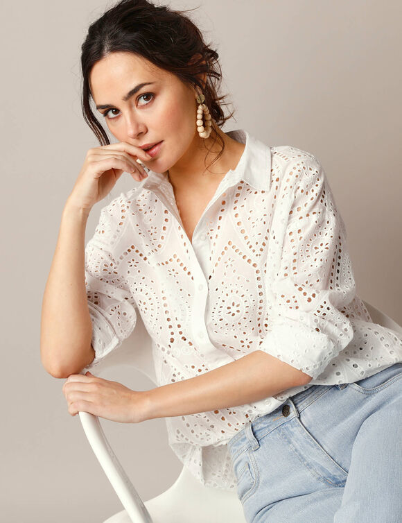 Chemisier broderie anglaise, manches longues (blanc)