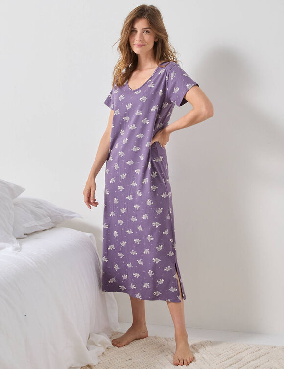 Chemise de nuit longue manches courtes  imprimée "moutons" (violet grisé)