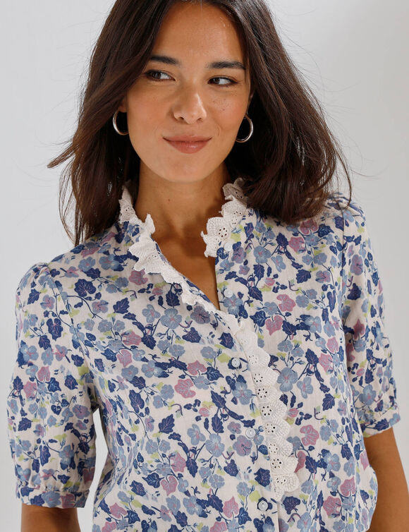 Chemisier en gaze de coton, imprim&eacute; fleuri (blauw / parma)