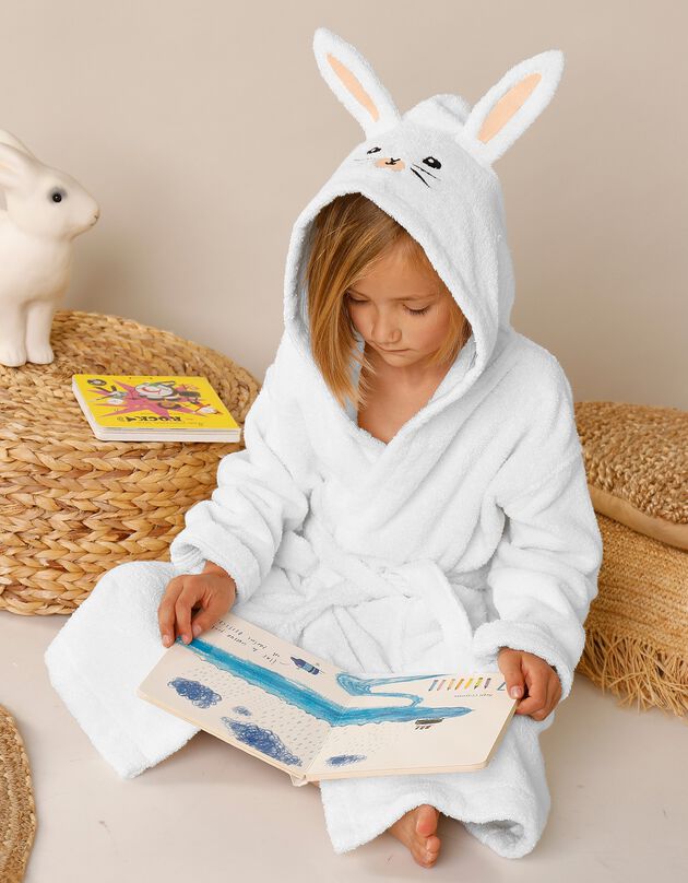 Peignoir de bain enfant lapin à capuche éponge coton - 380 g/m² (blanc)