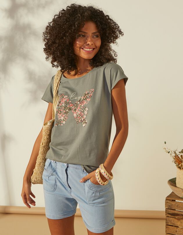T-shrit met vlinderprint, wit - verantwoorde aankoop (grijsgroen)