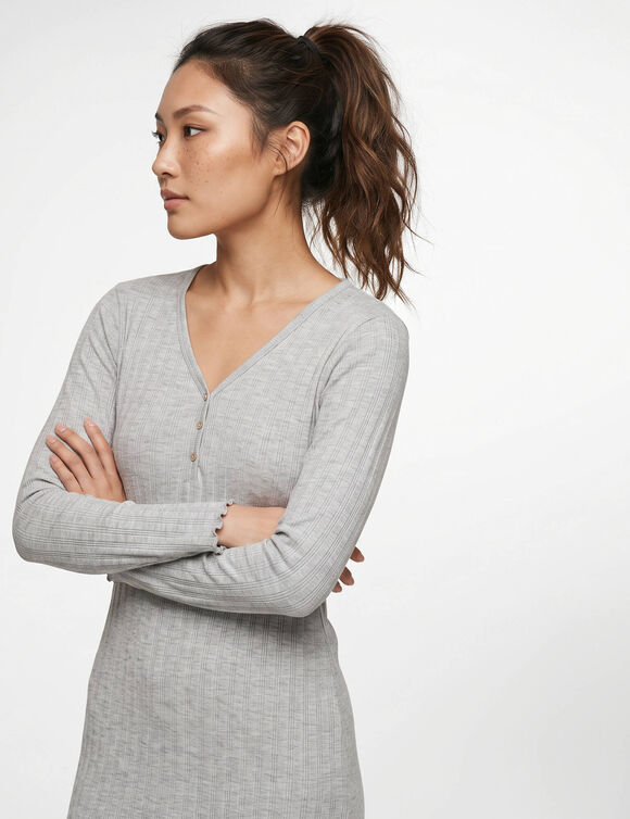 Kort nachthemd van effen pointelle-tricot, met lange mouwen (chin&eacute; grijs)