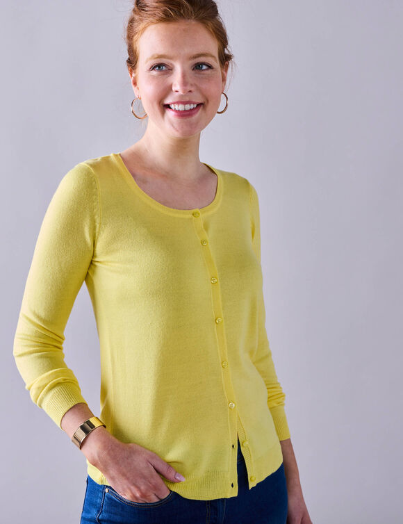 Cardigan boutonné col rond uni, toucher doux (jaune pâle)