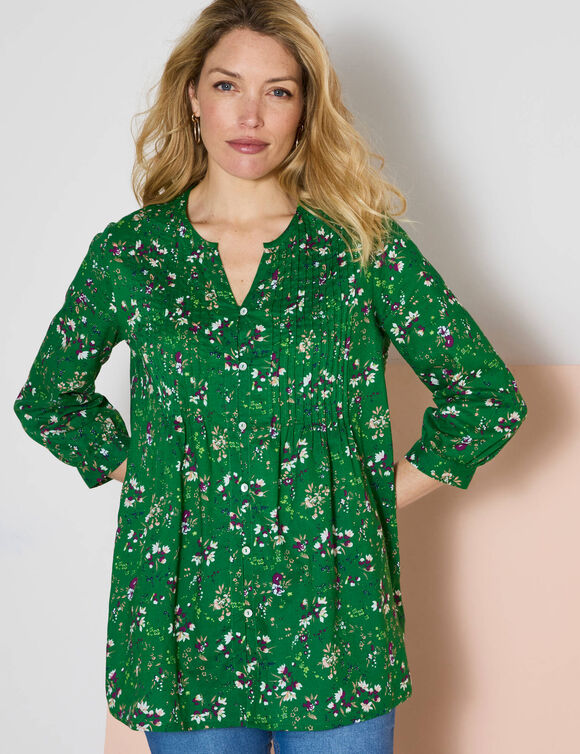 Tunique boutonnée à plis imprimé fleuri (vert)