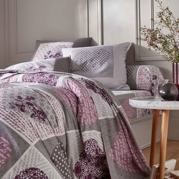 Linge de lit Lovely en coton imprim&eacute; coeurs (gris / parme)