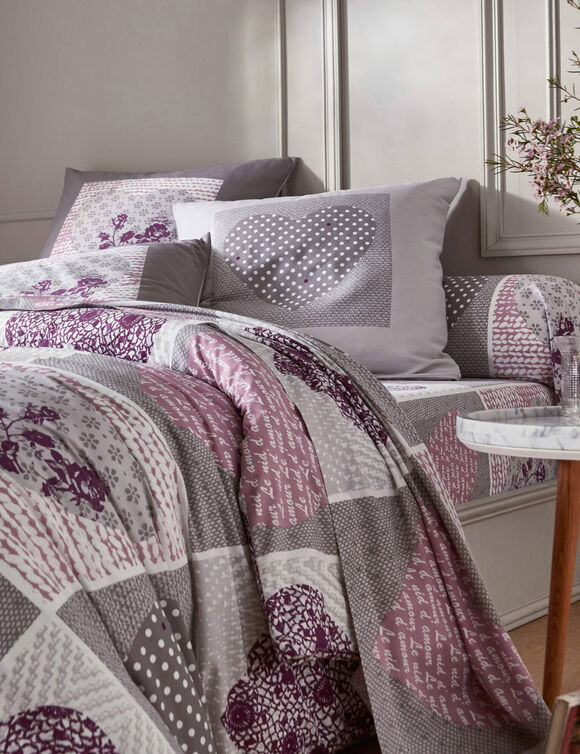 Linge de lit Lovely en coton imprim&eacute; coeurs (gris / parme)