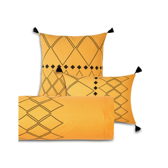 Linge de lit Massaï coton à motifs graphiques et finitions pompons (curry)
