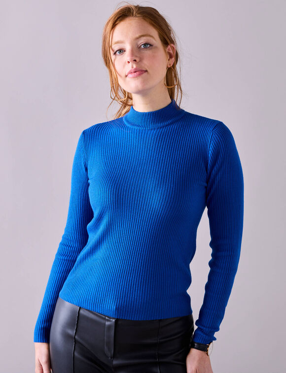 Pull col montant court, maille c&ocirc;tel&eacute;e (bleu vif)