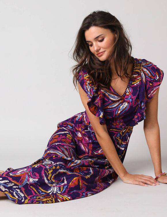 Robe imprim&eacute;e manches volant&eacute;es (paars)