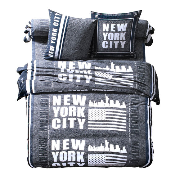 Linge de lit Manhattan en polycoton imprimé New-York (bleu marine)