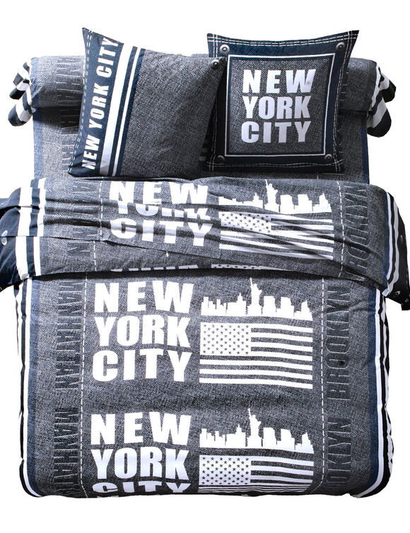 Bedlinnen Manhattan, in bedrukt polykatoen met New York print (marineblauw)