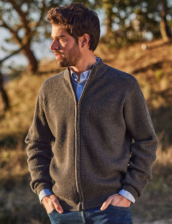 Gilet zipp&eacute; c&ocirc;te anglaise 30% laine (gris anthracite)