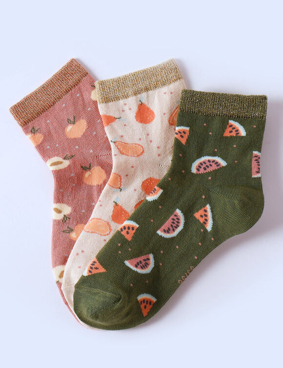 Sokken met 'fruit' print - set van 3 paar (kaki + roze)
