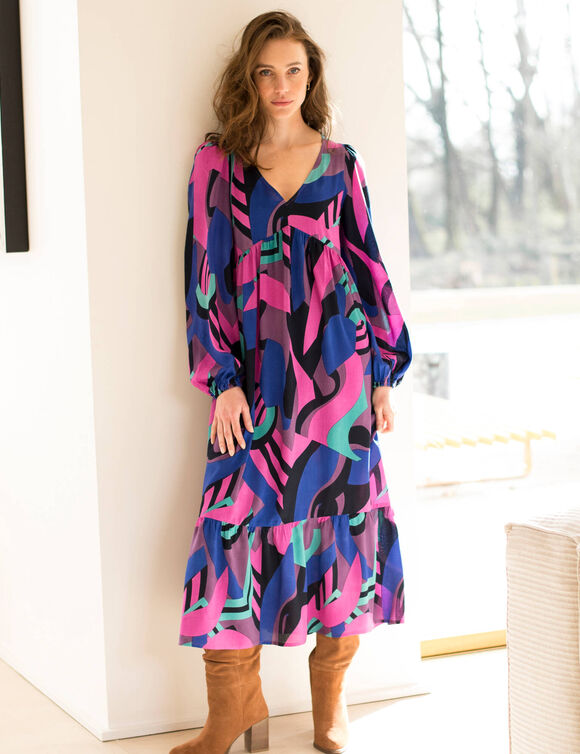Robe longue fluide imprimée col V, viscose (marine / violine)