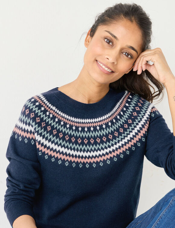 Pull jacquard, laine d'agneau (marine / rose)