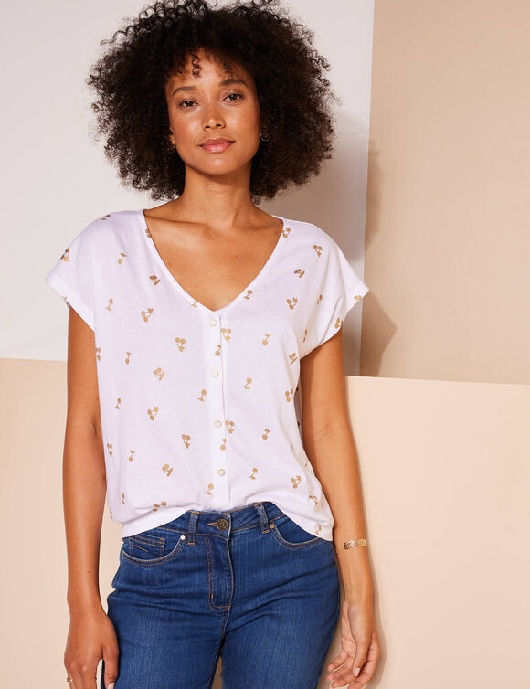 T-shirt col V boutonné imprimé cerises dorées (blanc / doré)