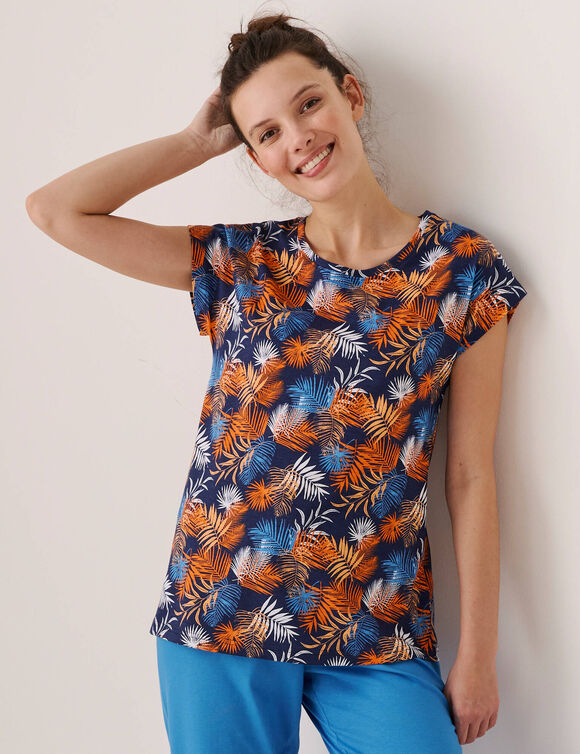 Pyjamashirt in katoen met korte mouwen - tropische print (marine / oranje)