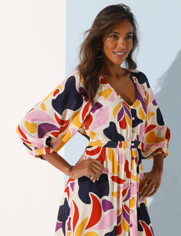 Robe longue boutonnée, crépon, imprimé maxi (marine / safran)