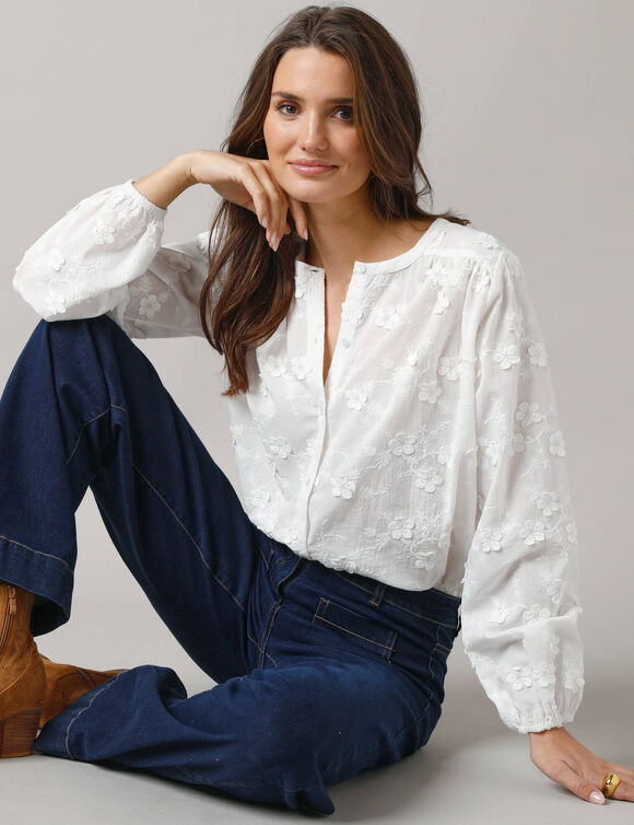Effen blouse met 3D-borduursels (wit)