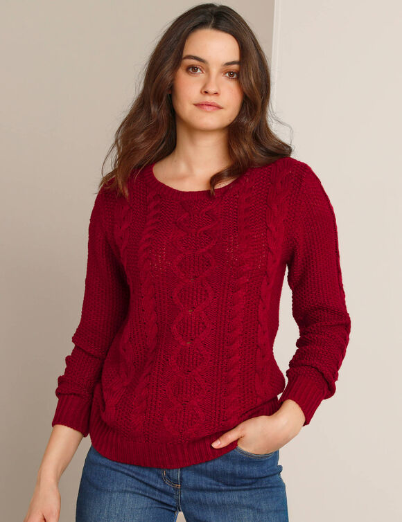 Pull col rond, maille torsad&eacute;e (rouge fonc&eacute;)