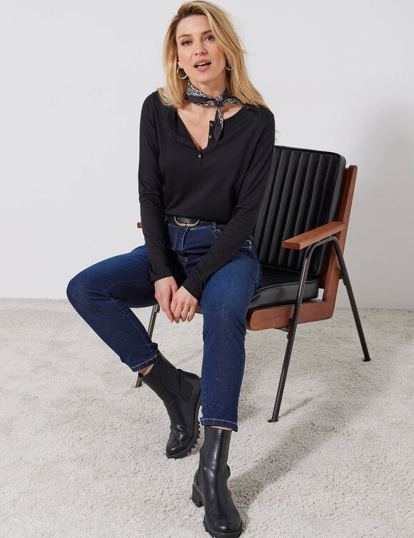 T-shirt col tunisien manches longues (noir)