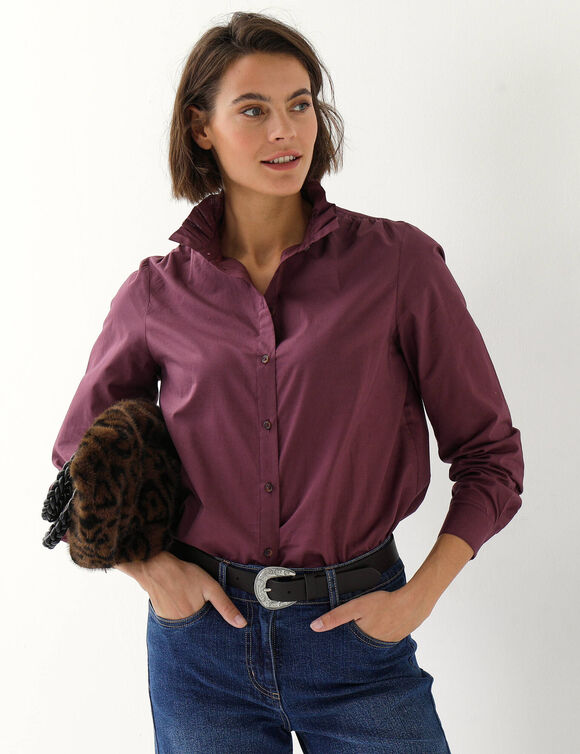 Effen blouse met hoge kraag met ruches (pruim)
