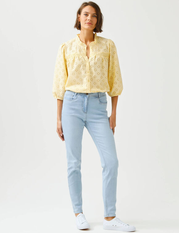 Chemisier broderie anglaise, smocks et col volant&eacute; (jaune)