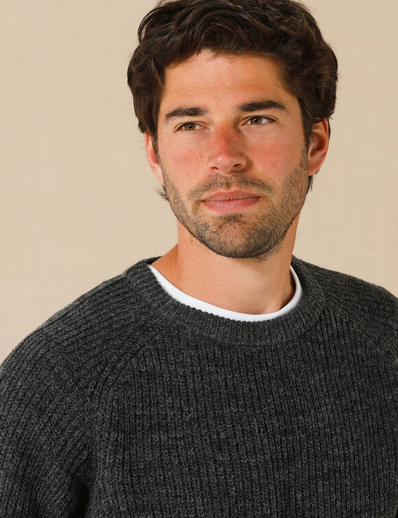 Pull col rond manches marteau c&ocirc;tes anglaises 30% laine (anthracite)