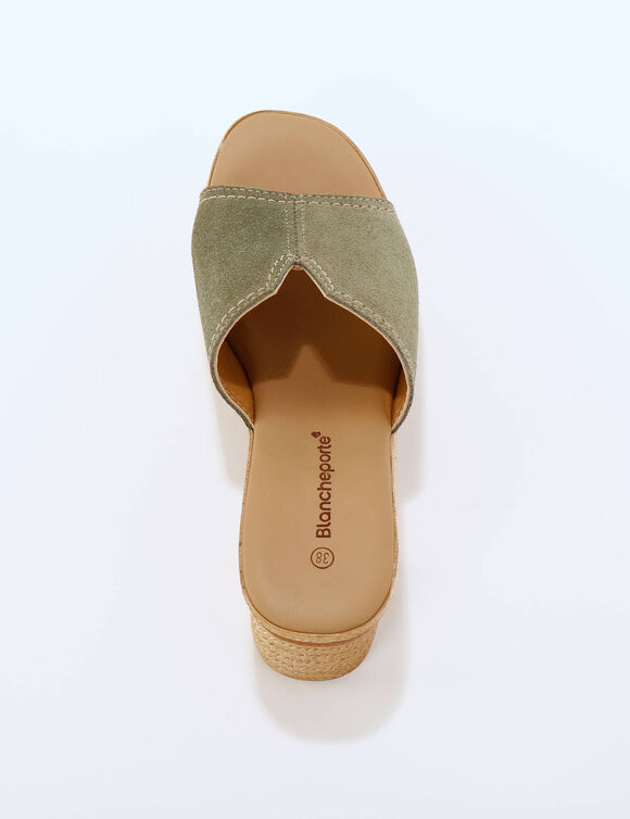 Mules compens&eacute;es style sabot cro&ucirc;te de cuir (vert sauge)
