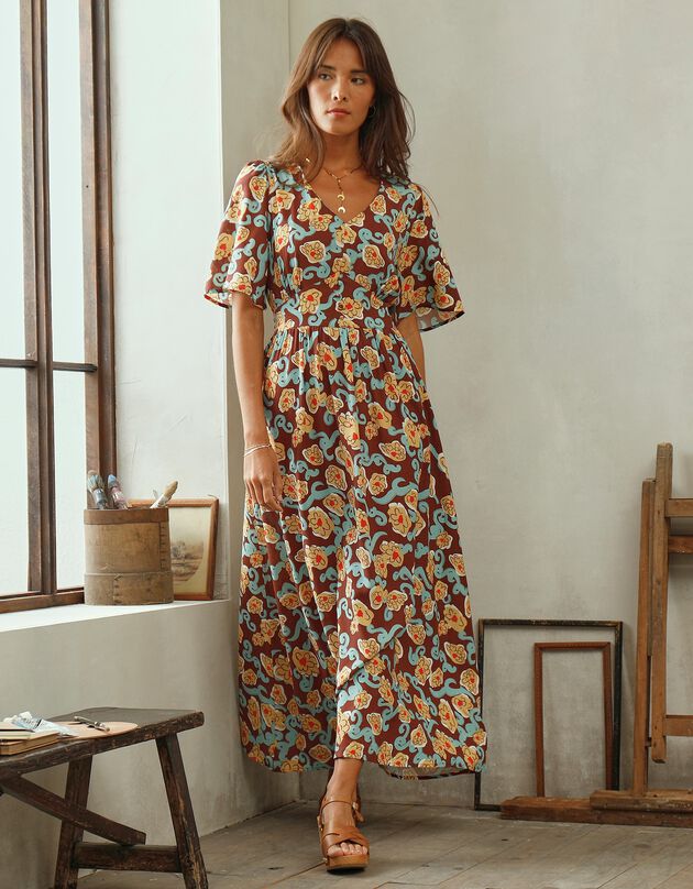 Soepele, bedrukte jurk, 'Odette Lepeltier' collectie (chocolade / saffraangeel)