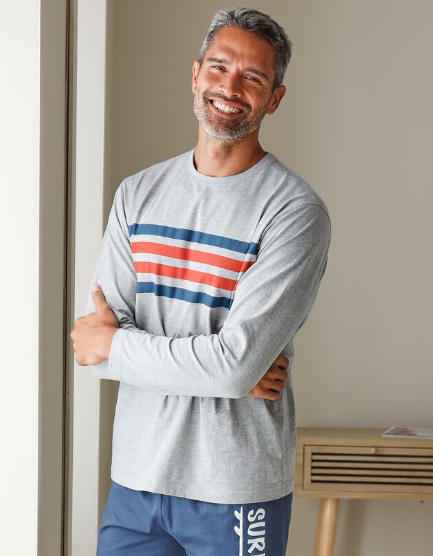 Tee-shirt pyjama manches longues rayures  (gris / orange)
