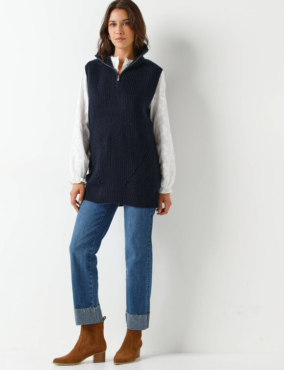 Pull tunique en côte sans manches, col montant zippé (marine)
