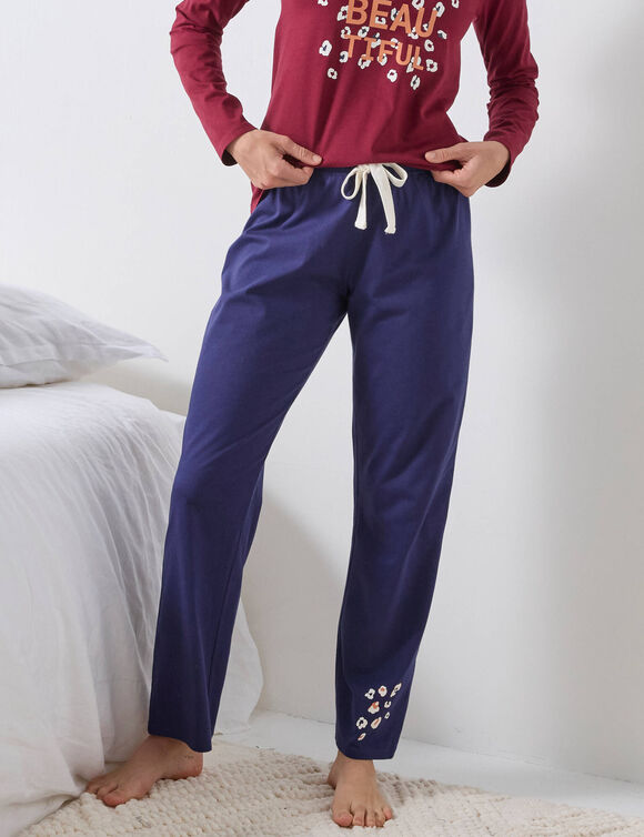 Pantalon pyjama coton Beautiful uni imprimé placé (bleu marine)
