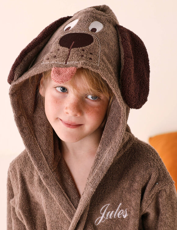 Peignoir de bain enfant personnalisable chien à capuche, éponge coton - 340 g/m² (chocolat)