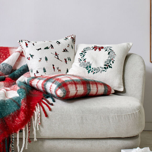 Coussin &eacute;cossais tiss&eacute;-teint (&eacute;cru / rouge / vert)