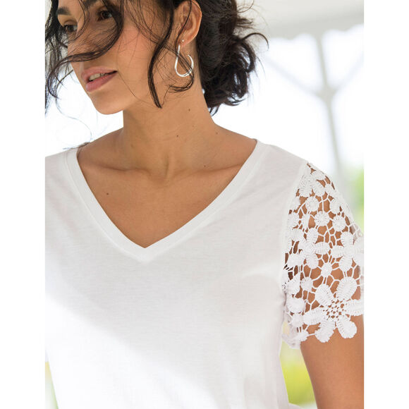 T-shirt manches courtes, macram&eacute; (blanc)