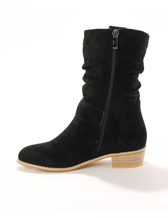 Bottes mi-hautes plissées à petit talon effet bois (noir)