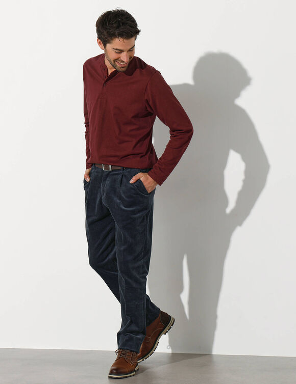 Pantalon ville velours côtelé à pinces, élastiqué côtés (marine)