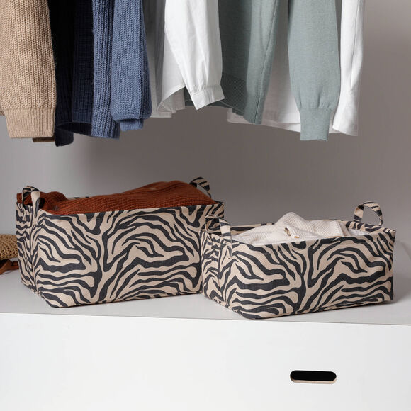 Katoenen mand met zebraprint en coating - set van 2 (zwart/grijsbeige)