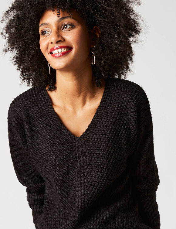 Pull col V, maille anglaise toucher doux (noir)