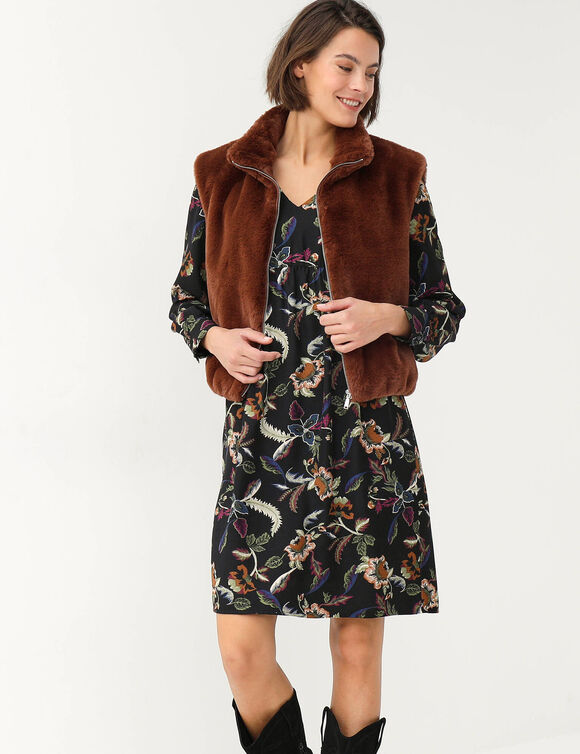 Veste sans manches zipp&eacute;e, mati&egrave;re duveteuse (marron)